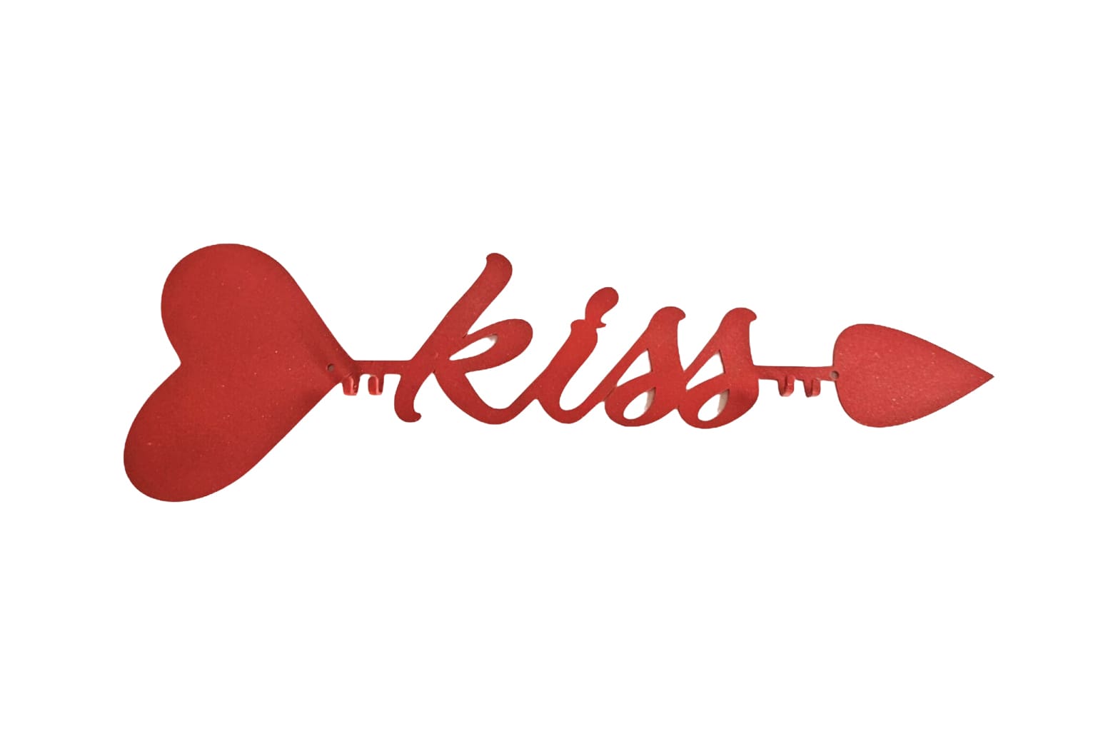 A red spoon that says kiss on it.