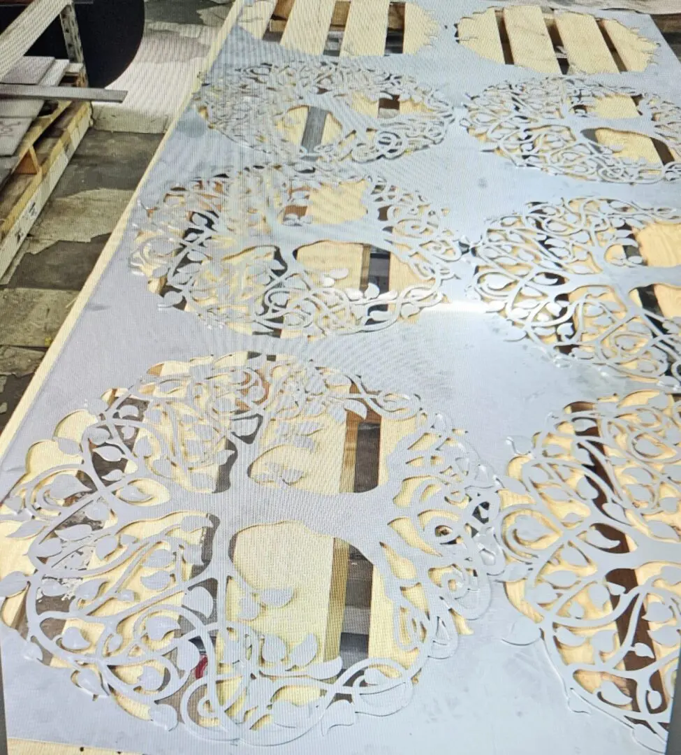 A table with white and gold lace on it.