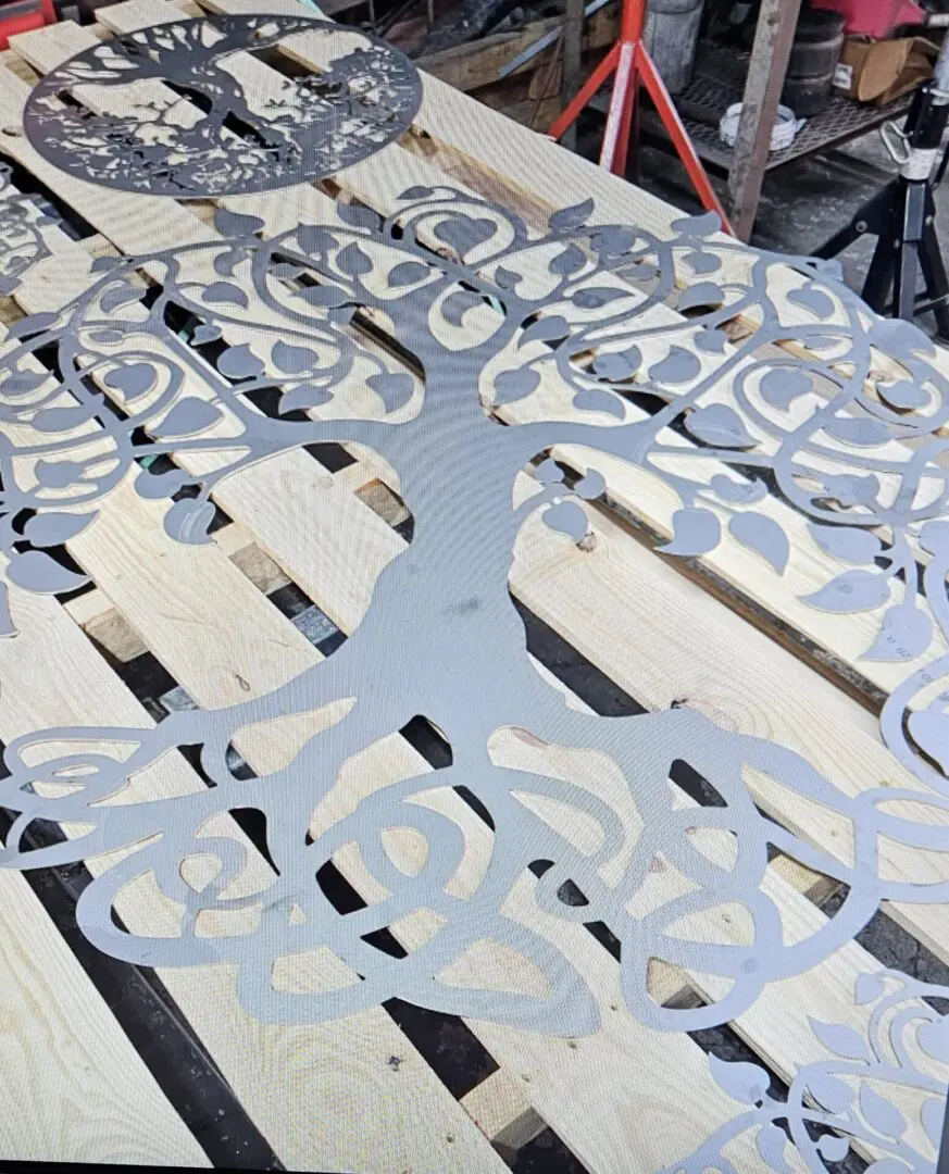 A table with white and blue designs on it.