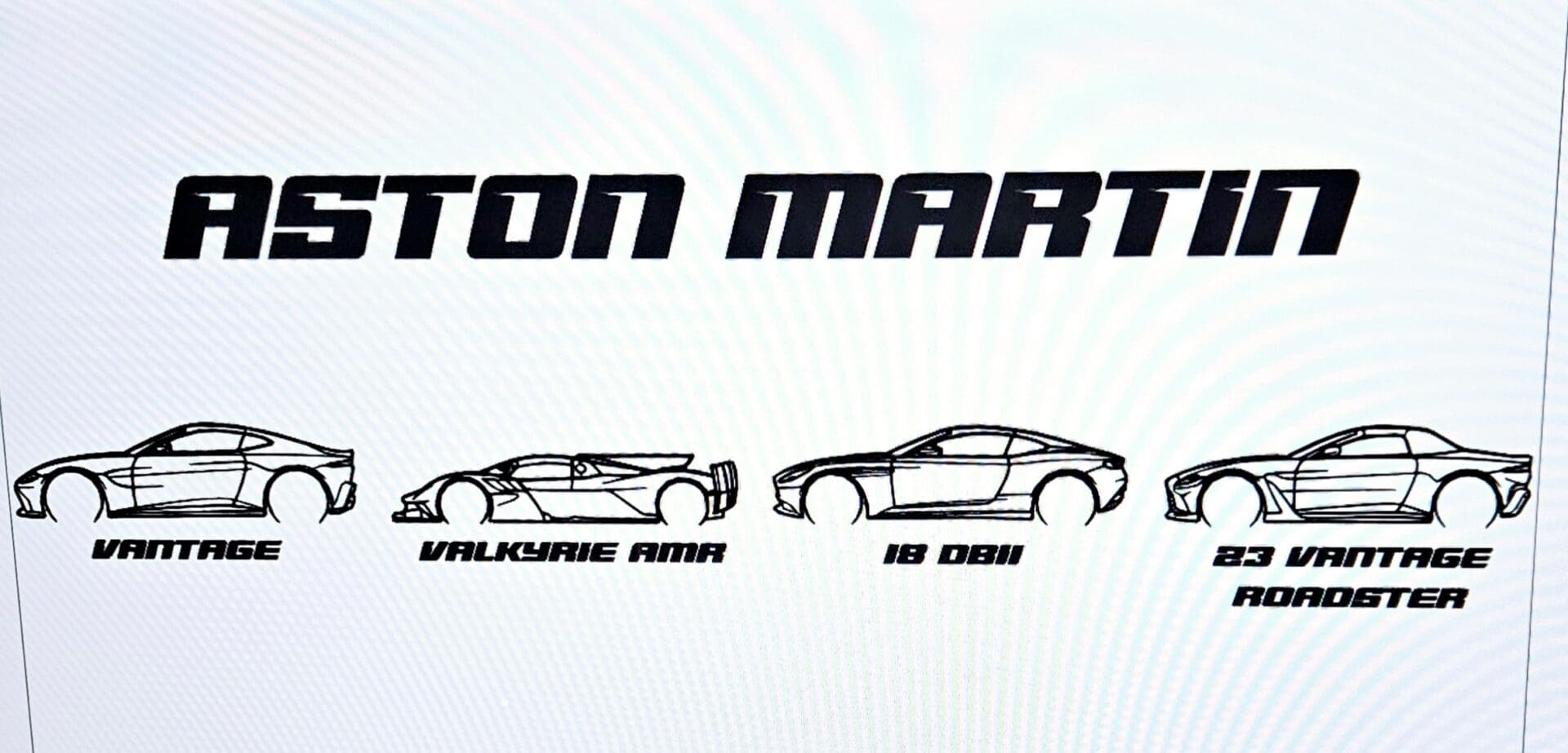 A drawing of two cars with the words aston martin written in them.