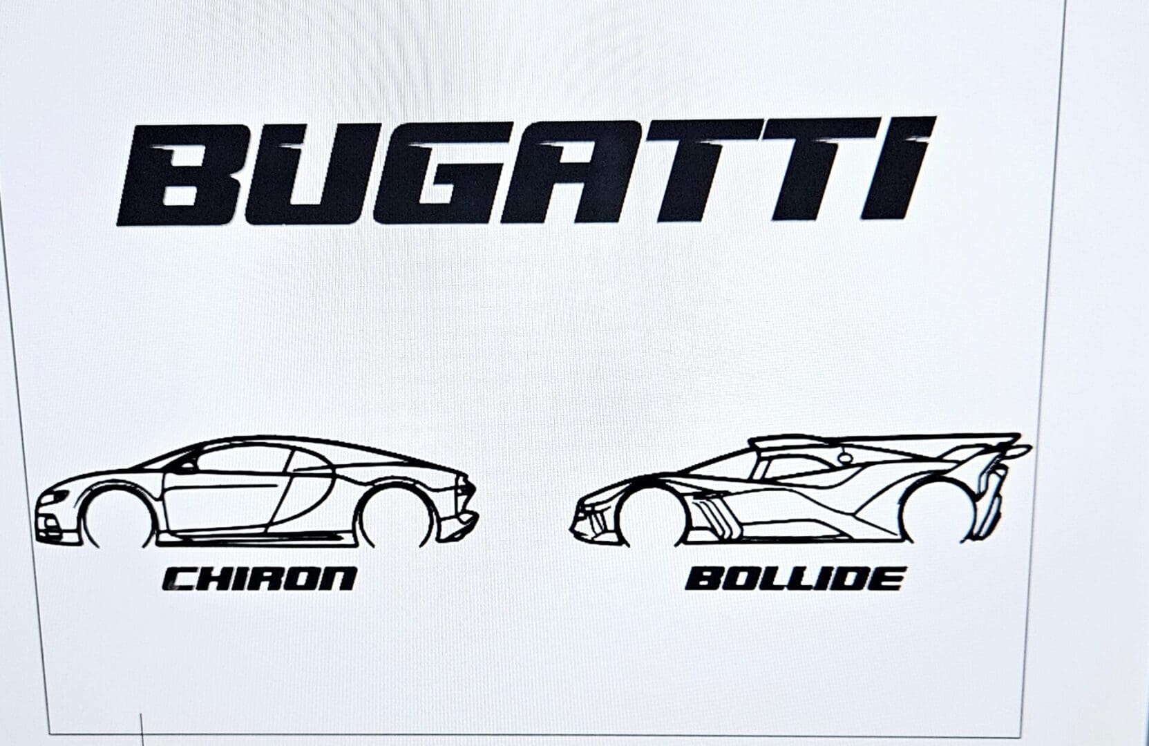 A drawing of two different cars with bugatti logo