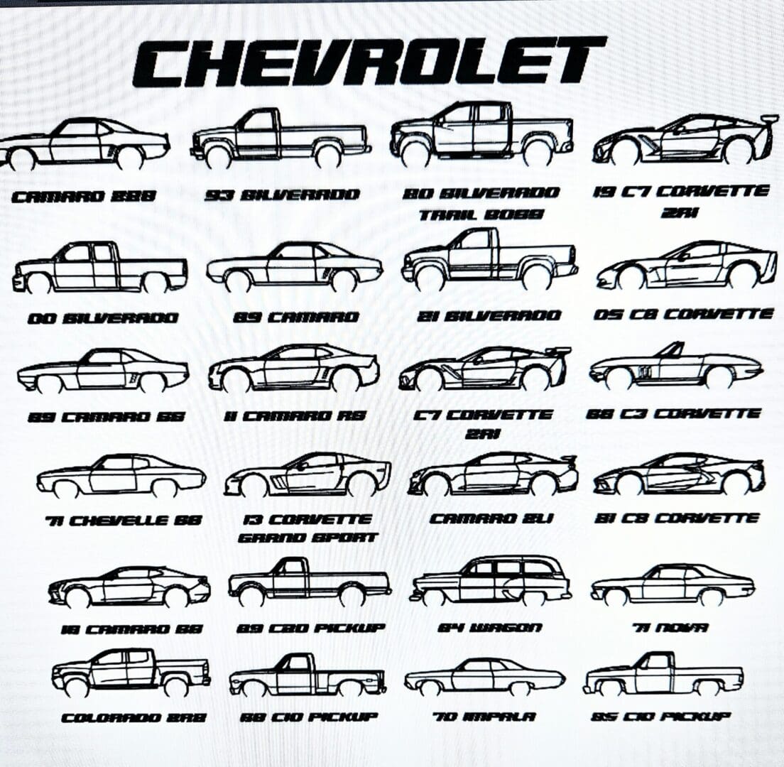 A drawing of different types of chevrolet trucks.