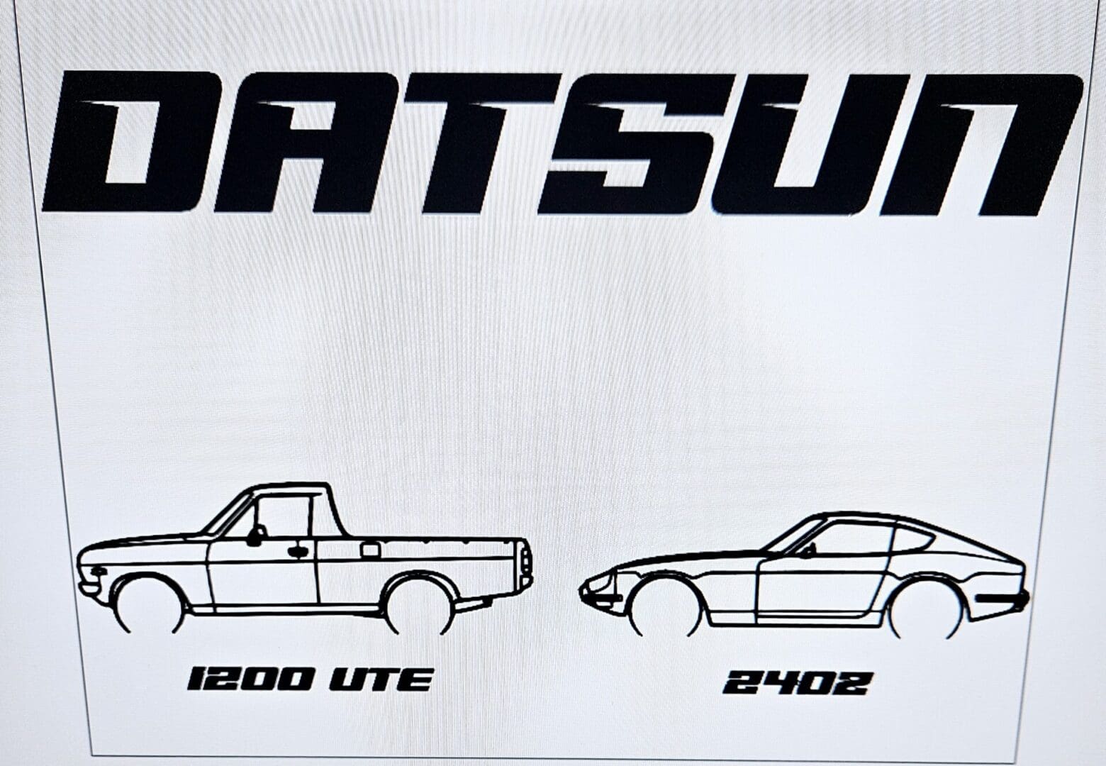 A drawing of the datsun truck and car.