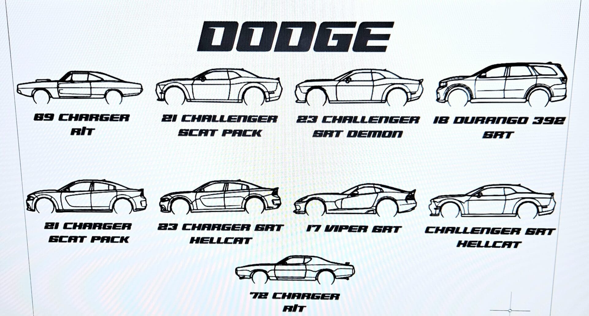 A drawing of different types of dodge cars.