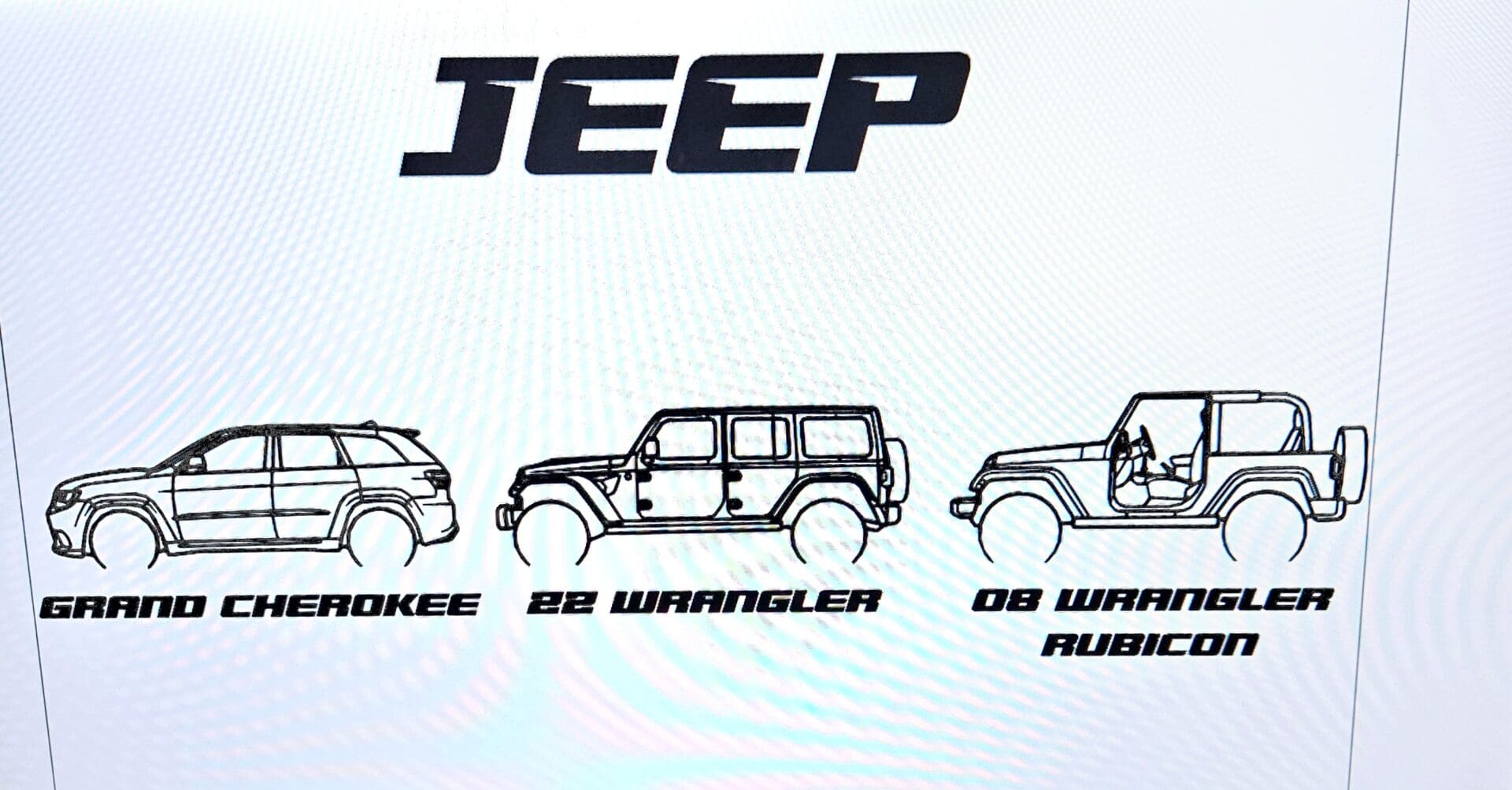 A jeep logo with different types of vehicles on it.