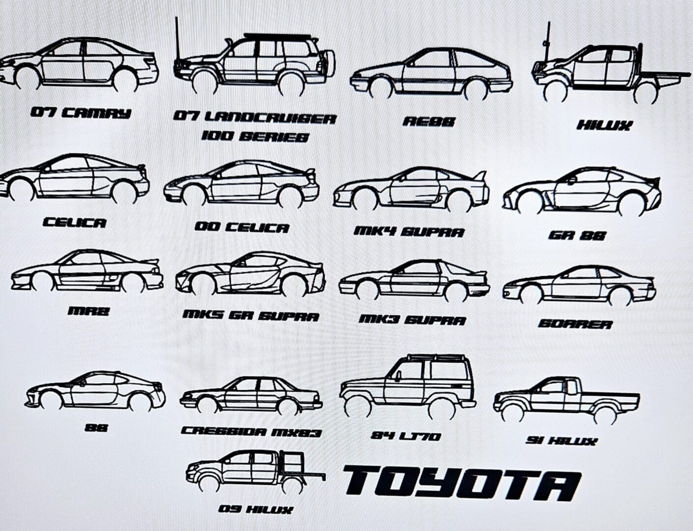 A black and white picture of different types of toyota cars.