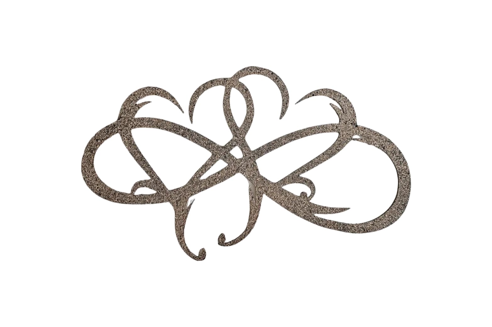 A metal sign with an entangled heart shaped symbol.