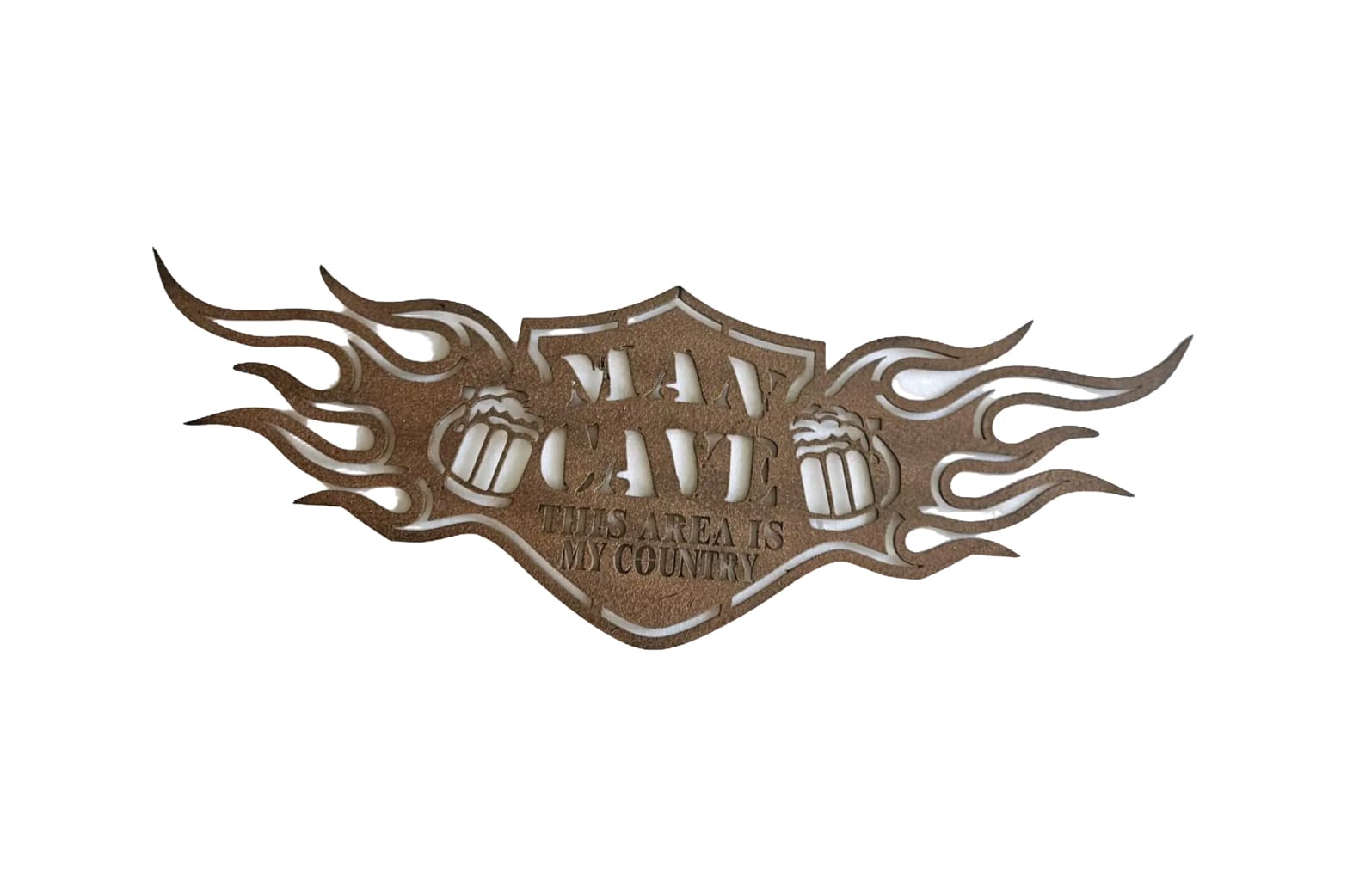 A brown metal sign with flames and the words " mad about motorcycles ".