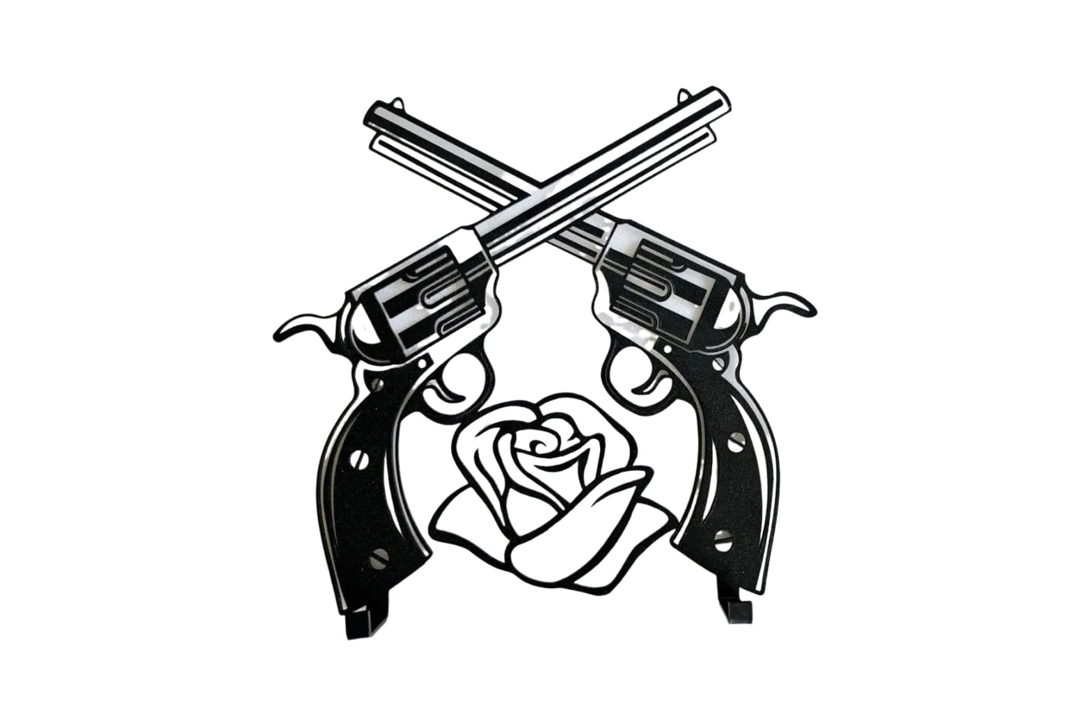 A pair of guns crossed over one another with a rose in the background.