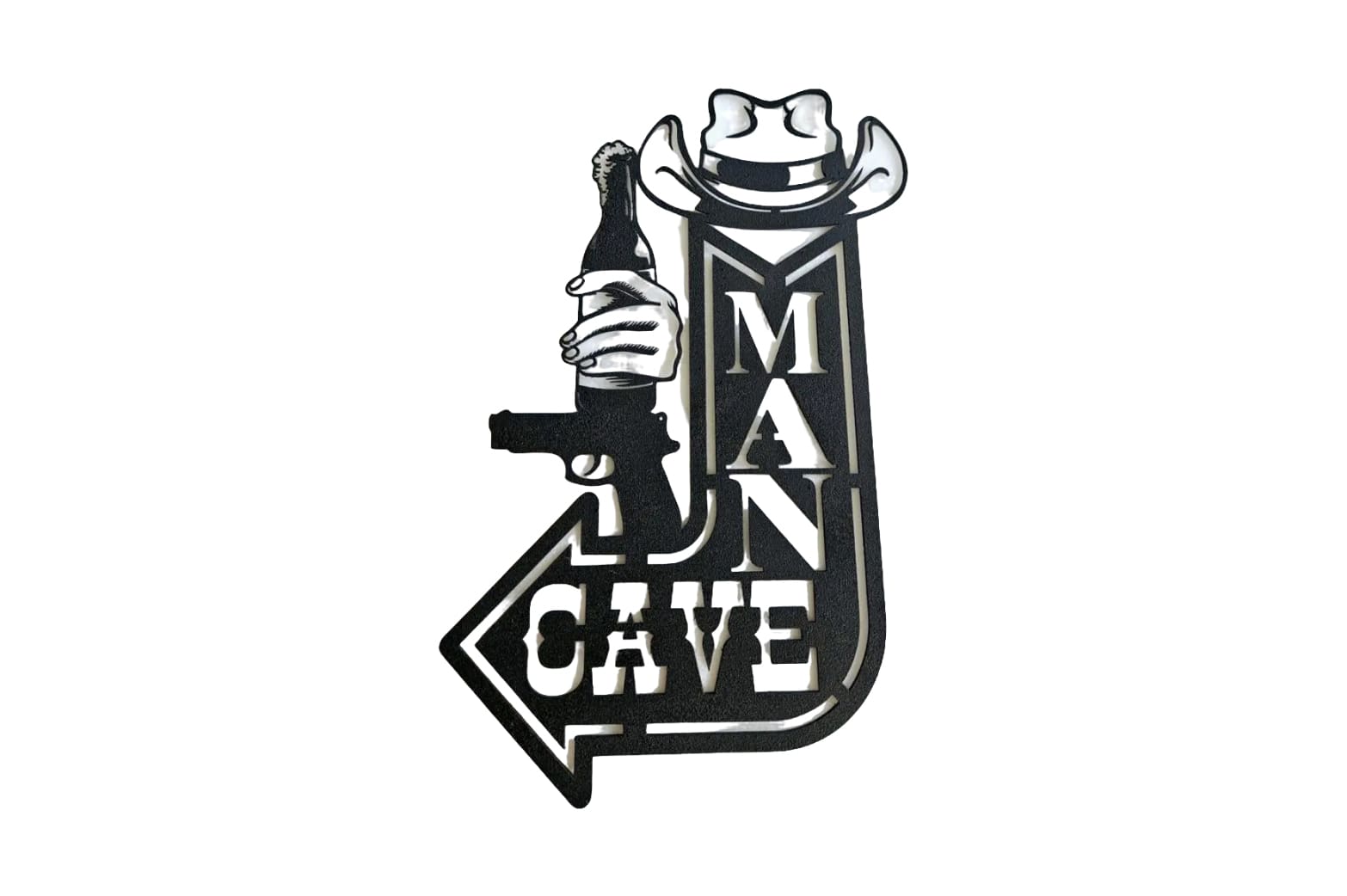 A man cave sign with guns and a cowboy hat.