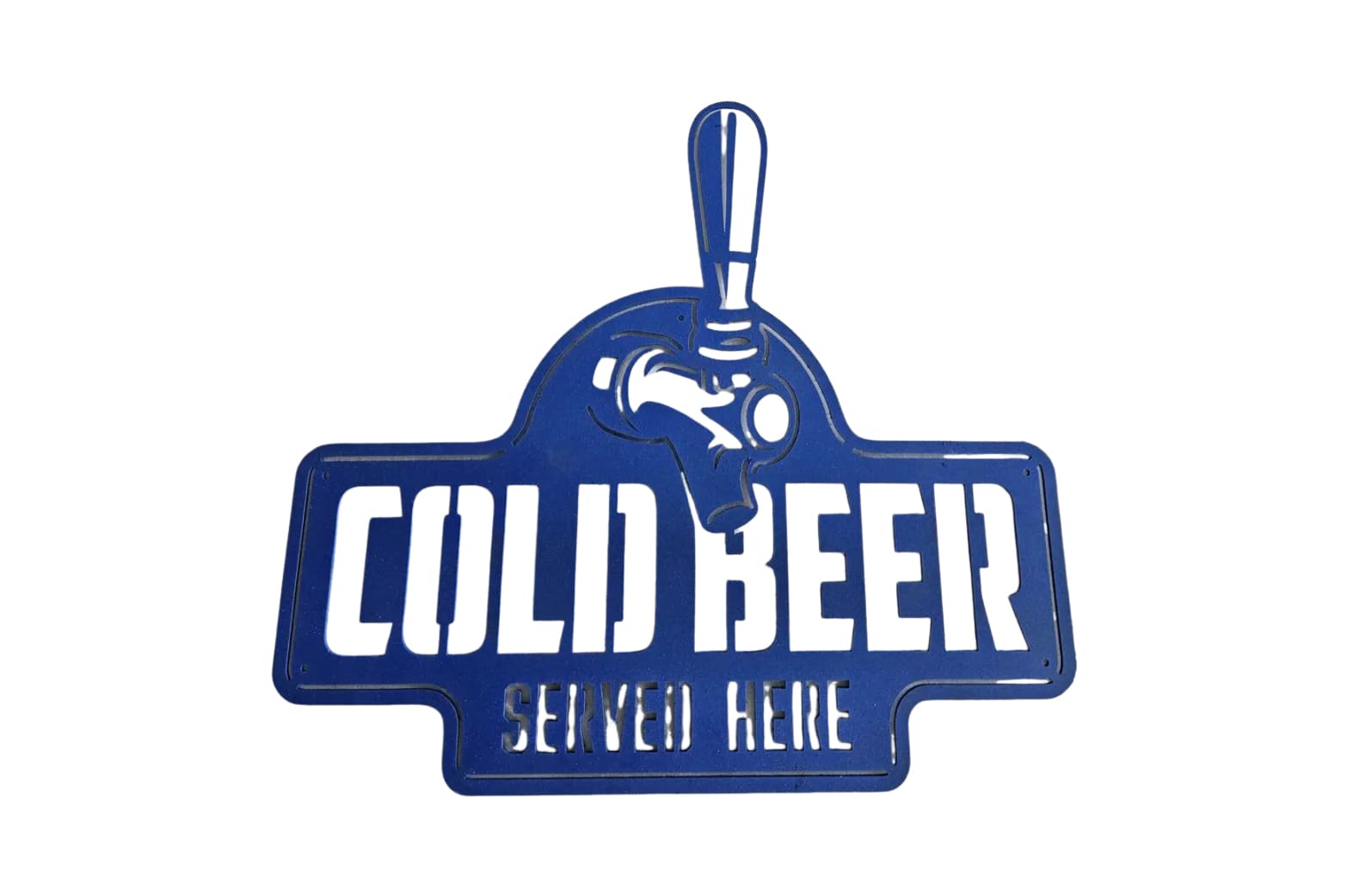 A blue sign that says cold beer served here.