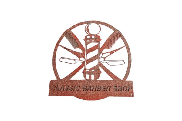 A red metal sign with the words " classic barber shop ".