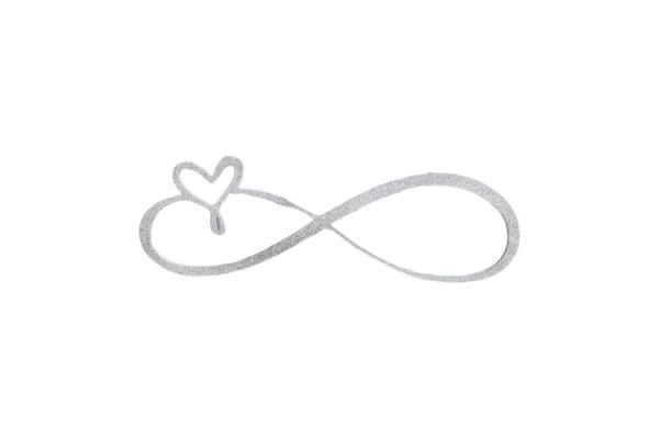 A silver infinity symbol with a heart on it.