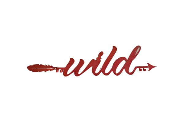 A red metal sign that says wild with an arrow.