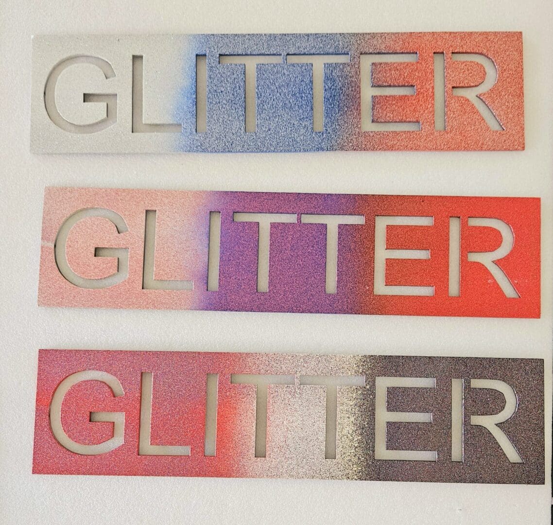 Three different colored stickers that say " glitter ".