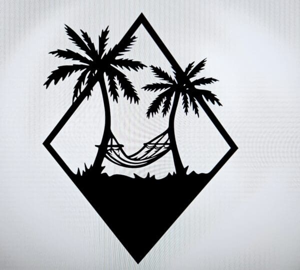 A black and white picture of a hammock with two palm trees.